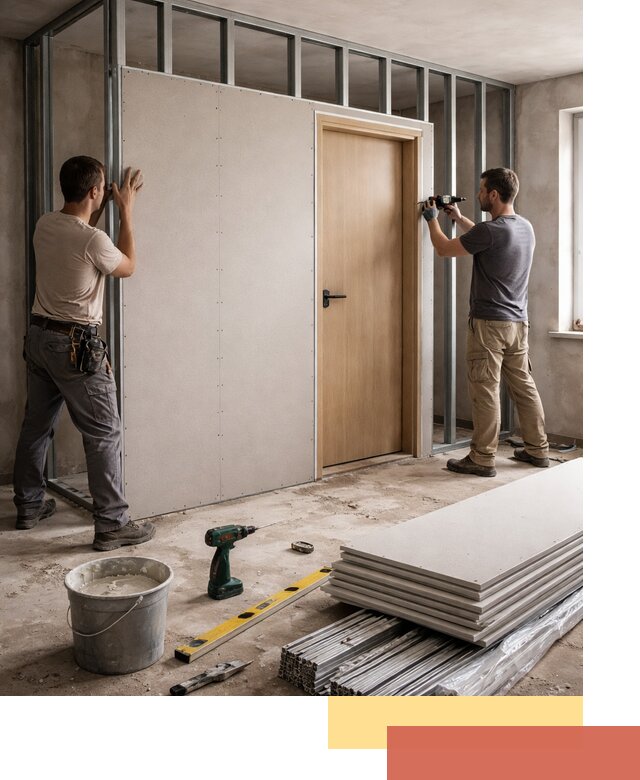 Перегородка из гипсокартона с дверью под ключ в Тамбове