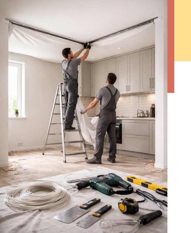 Установка натяжного потолка на кухне в Тамбове от 2437 руб. | ОТДЕЛОЧНИК-Тмб