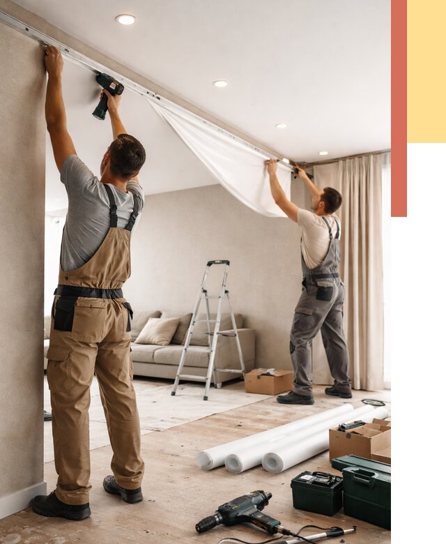 Монтаж натяжного потолка в гостиной в Тамбове от 558 руб. | ОТДЕЛОЧНИК-Тмб