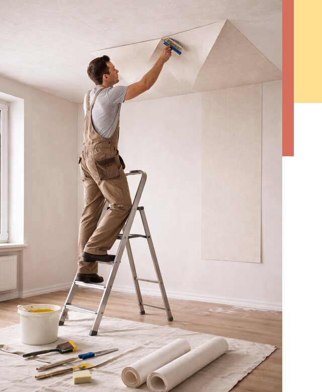 Поклейка обоев на потолок в Тамбове от 4569 руб. быстро и недорого | ОТДЕЛОЧНИК-Тмб